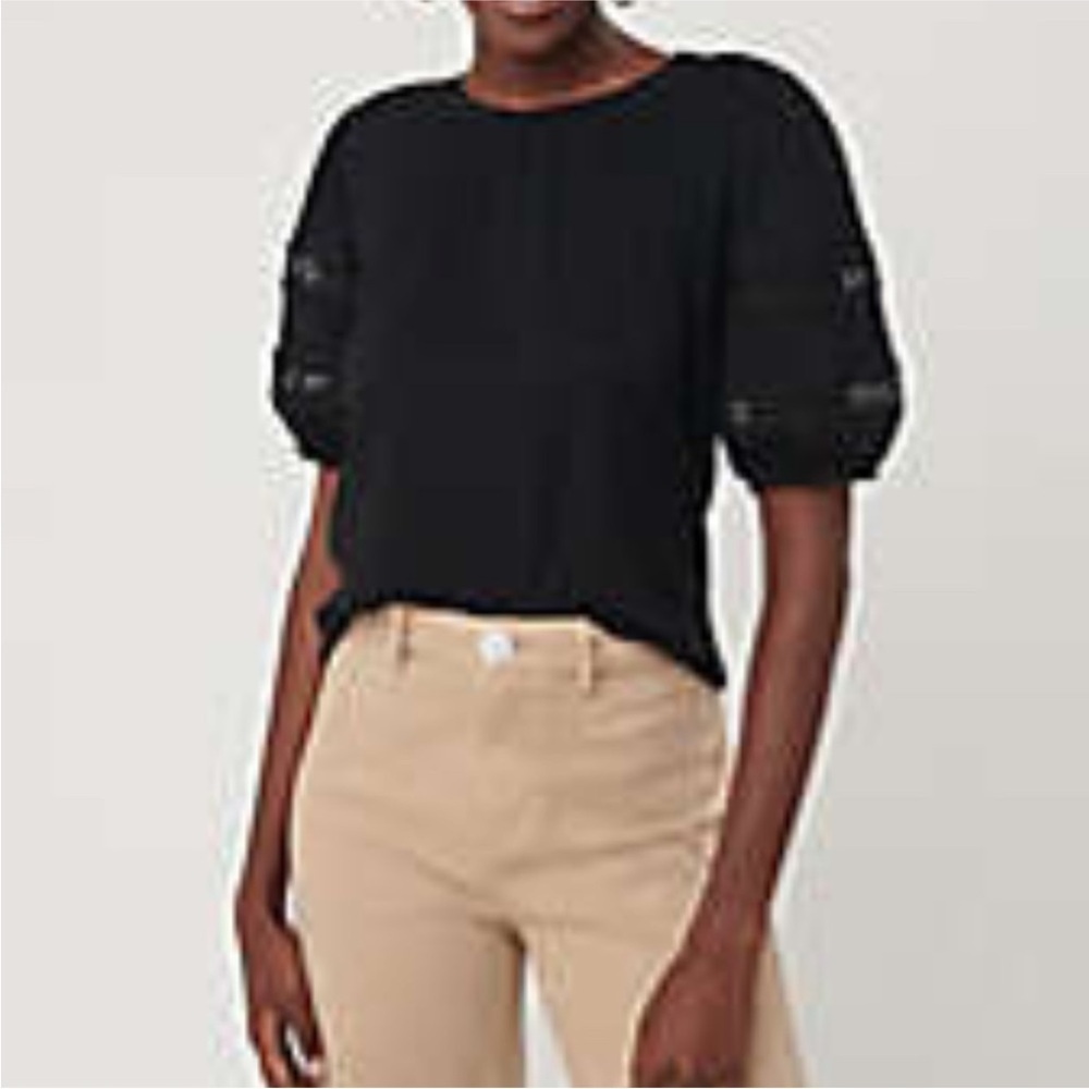 Loft Black Top Black Puff Sleeve W/Lace Insets Cotton Blouse S/Sleeves Sz Small